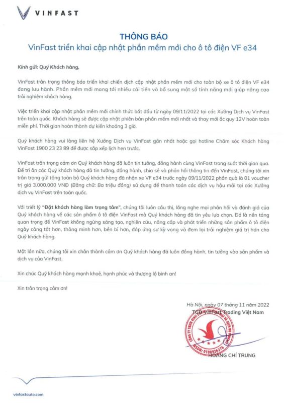 vinfast thông báo triển khai cập nhật phần mềm cho ô tô điện vf e34