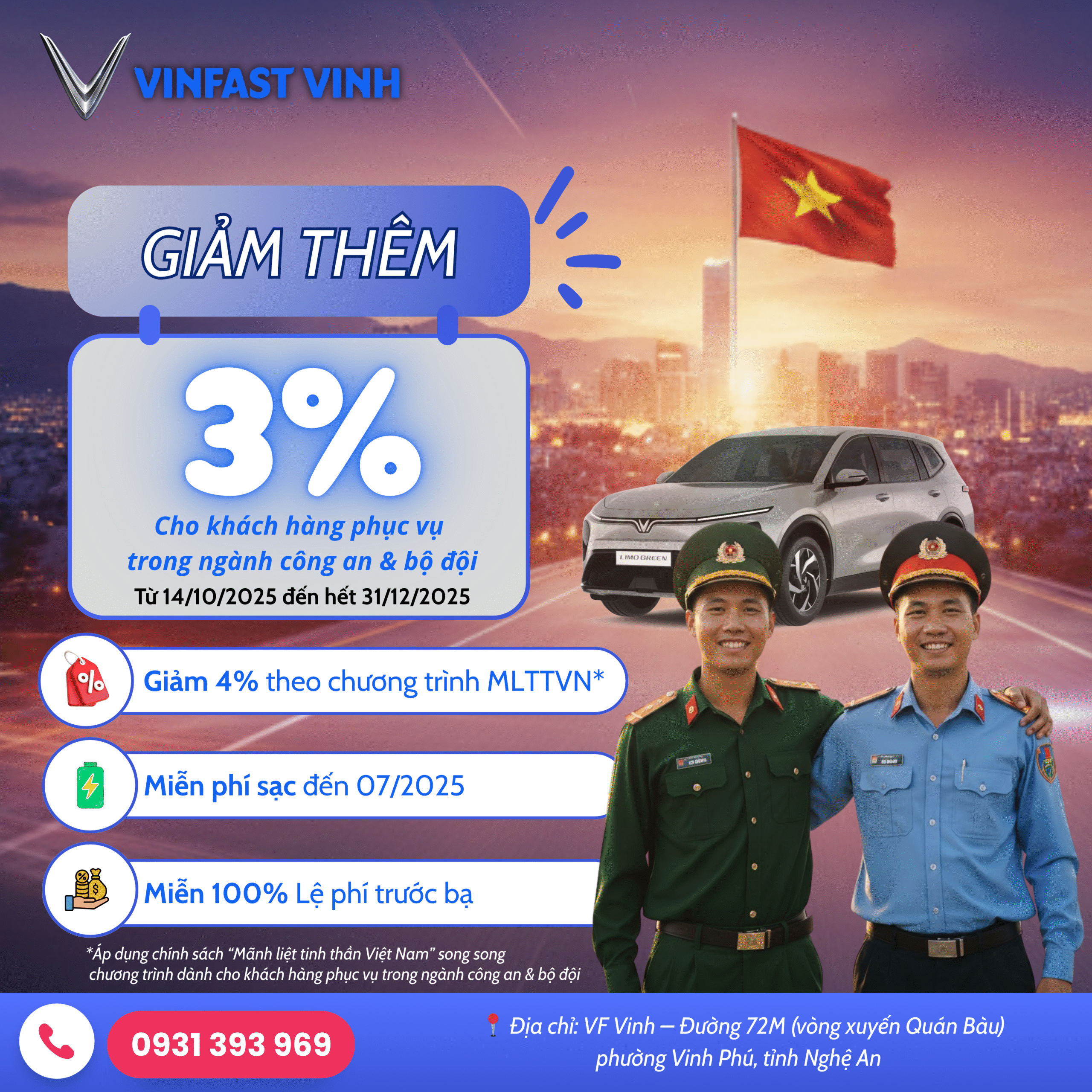 VinFast tri ân lực lượng vũ trang — Giảm thẳng 7% cho tất cả dòng xe VinFast VINH